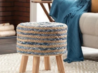 Braided Jute Denim Wooden Stool